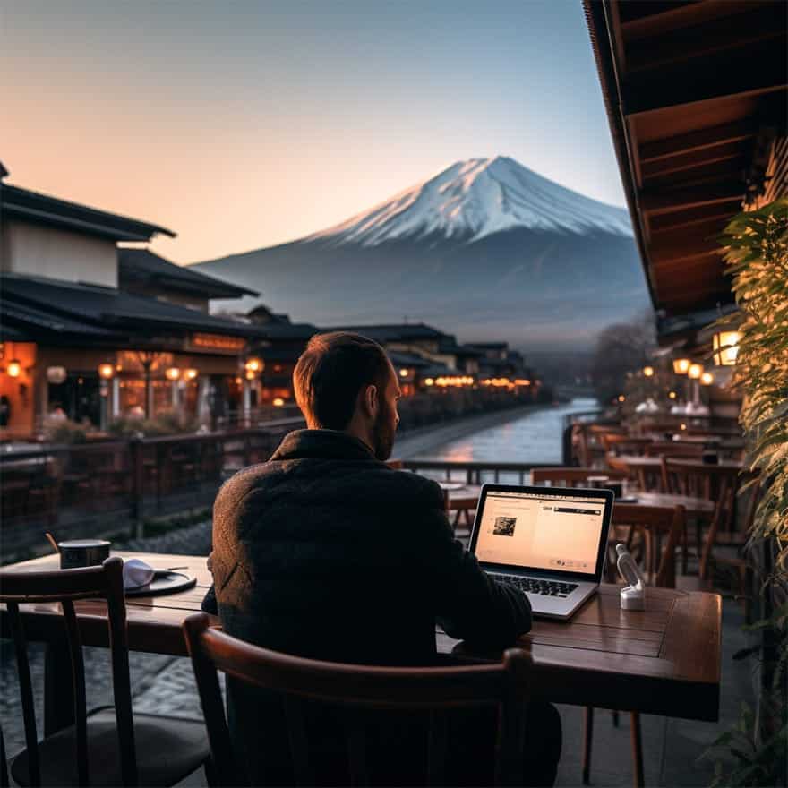 Working outside at cafe in front of Mt. Fuji